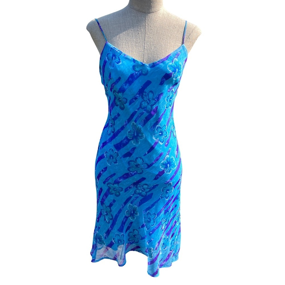 Vintage 90s Sheer Blue Chiffon Floral Slip Dress Size 6